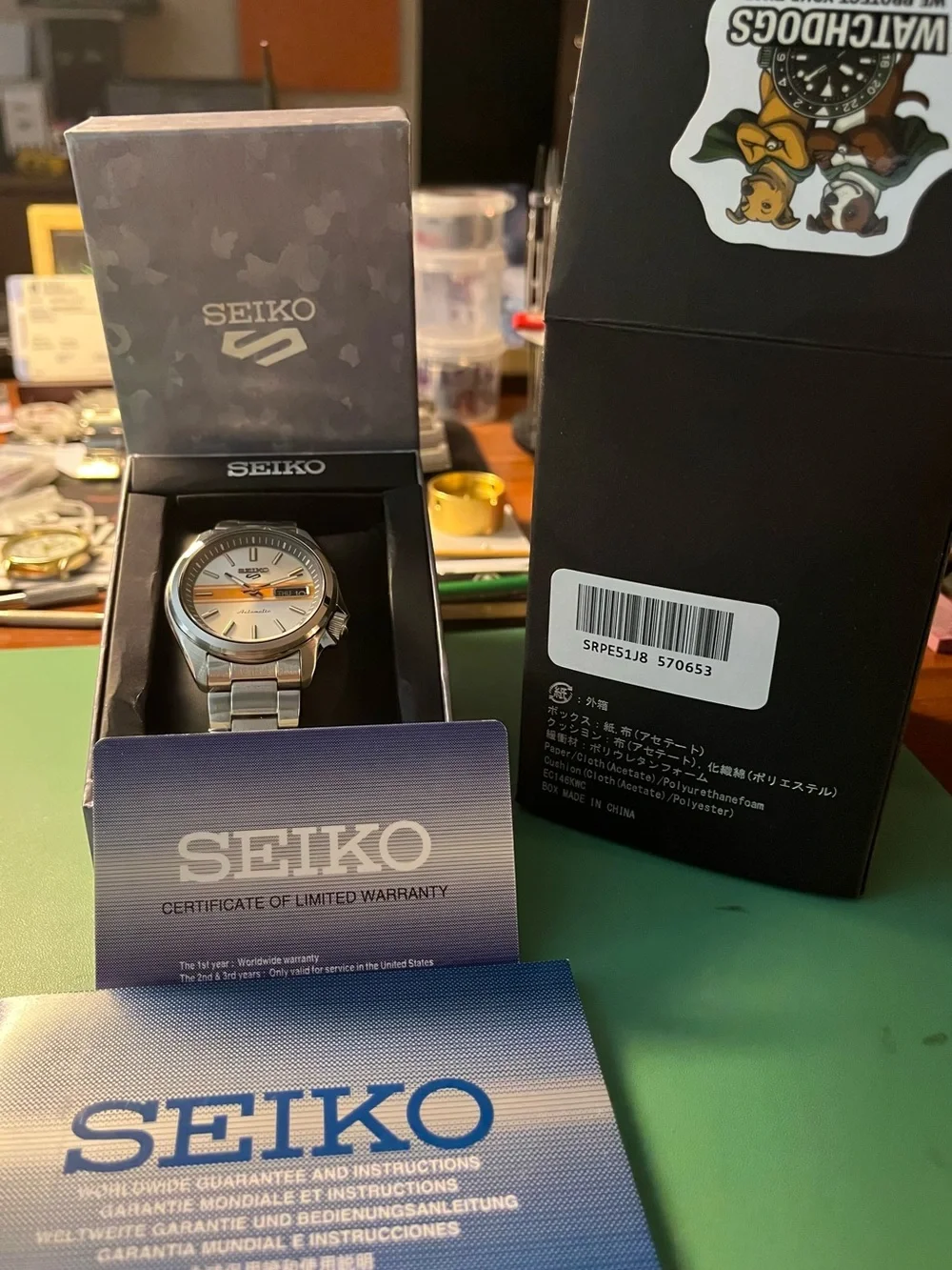 Seiko : RETRO GT Silver Watch with Orange Stripe and Orange Seconds Hand SRPE51